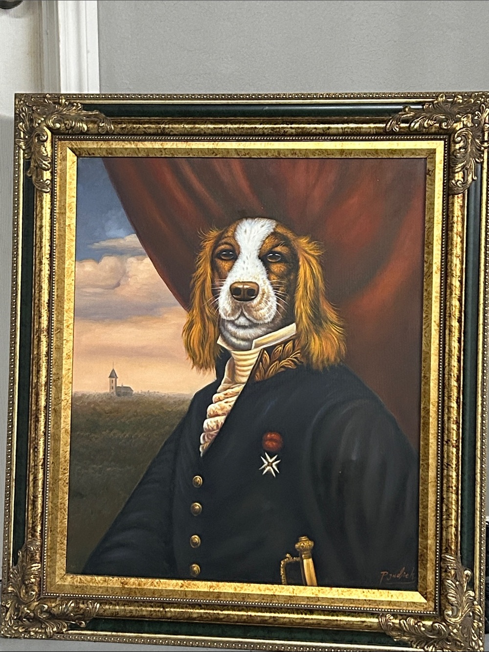 Regal Dog Portrait Wall Art - Brown & White Canine in Navy Coat